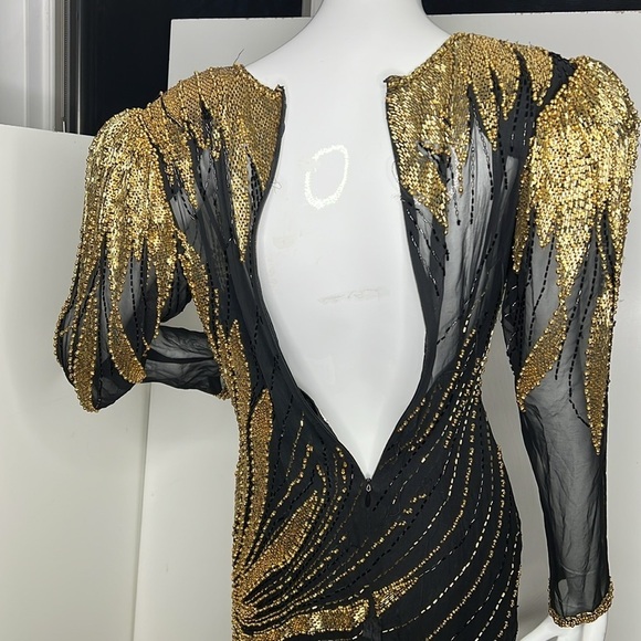 Nite Line Sz 10 Black Silk Gold Bugle Beaded Full Length Side Slit Dress Gown - Picture 7 of 16